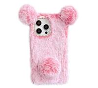 HONHULEE Custodia in peluche per Nokia C12 Pro in stile cartone animato, super carina, morbida, calda, soffici, con orecchie pelose, retro antiurto, bella custodia - rosso pesca