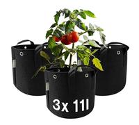 honju Home Grow-Bag - 3x Vaso in Tessuto 11l per Piante con Occhielli | Sacchi neri drenanti con fori rinforzati per legature LST, maniglie stabili e tessuto traspirante anti-ristagno idrico.