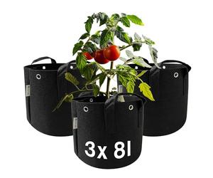 honju Home Grow-Bag - Vaso in tessuto, volume 8 l, confezione da 3 pezzi, per esterni, con fori rinforzati per legare, migliore crescita delle radici, prevenzione del ristagno, colore nero