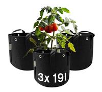 honju Home Growbag - Vaso di Stoffa 19 L, Set da 3, Sacchi Piante Neri | Vaso in tessuto con occhielli rinforzati per legature LST, previene ristagno idrico e favorisce radici sane, pieghevole