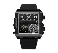 HONKERW orologio Orologio da polso al quarzo impermeabile con quadrante grande e doppio display, orologio da polso quadrato multi-fuso orario, un regalo maschile alla moda smartwatch(Black/Black)
