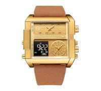 HONKERW orologio Orologio da polso al quarzo impermeabile con quadrante grande e doppio display, orologio da polso quadrato multi-fuso orario, un regalo maschile alla moda smartwatch(Blown/Gold)