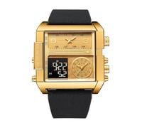 HONKERW orologio Orologio da polso al quarzo impermeabile con quadrante grande e doppio display, orologio da polso quadrato multi-fuso orario, un regalo maschile alla moda smartwatch(Black/Gold)