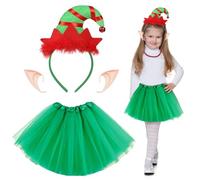 HONMOK 3 Pezzi Costume da Elfo di Natale per Ragazza - Tutù Gonna Verde, Fascia per Capelli, Orecchie da Elfo - Costume Goblin per Festa di Natale, Cosplay, Carnevale