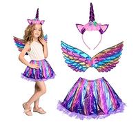 HONMOK 3 Pezzi Costume Unicorno Bambina con Cerchietti Unicorno Viola,Gonna Tutu,Ali Arcobaleno,Kit di Travestimento per Bambini Party Vestito Costumi Feste di Compleanno