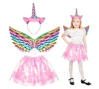 HONMOK 3 Pezzi Costume Unicorno Bambina, Costume Carnevale Unicorno da Bambina, con Gonna a Tutù, Fascia per Capelli e Ali D'angelo, per 3 a 10 Anni Bambini di Festa Compleanno Carnevale