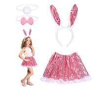 HONMOK 4 Pezzi Costume Coniglio Bambino Rosa, Vestito Coniglietta Pasquale, Travestimento Coniglio per 3-10 Anni Ragazza Halloween Pasqua Costumi Cosplay