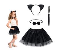 HONMOK 4 Pezzi Costume da Carnevale Gatto Nero Bambina Costume Gatto 3-10 Anni Ragazze Gonna Tutu Orecchie da Gatto Coda di Gatto Cravatta a Farfalla per Bambini Travestimento Cosplay