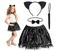 HONMOK 4 Pezzi Costume da Gatto per Bambini,Halloween Costume da Gatto Nero,Vestito da Gatto,con Gonna Tutù, Fascia per Orecchie di Gatto,Coda di Gattino,Cravatta a Farfalla per 3-10 Anni Ragazza