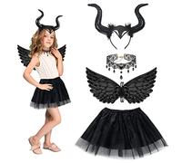 HONMOK 4 Pezzi Costume Halloween Malefica Bambina 3-10 Anni,Nero,Vestito Diavolo Bambina,Costume da Strega con Corna Malefica e Ali Angelo e Gonna Tutu e Collana di Pizzo,per Halloween