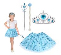 HONMOK 4 Pezzi Vestito Elsa Frozen per Bambini,Costume Carnevale Principessa Elsa con Blu Gonna Tutu e Treccia e Corona e Bacchetta,per Festa di Cosplay di Carnevale per 3-10 Anni Ragazza
