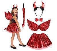 HONMOK 5 Pezzi Rosso Corna da Diavolo Halloween Costume per Bambina,con Cerchietto e Ali Angelo, Gonna Tutu, Coda e Cravatta a Farfalla,Ragazza 3-10 Anni