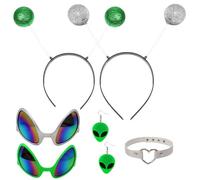 HONMOK 6PCS Occhiali Alieno Costume Cerchietto per Capelli Occhiali Orecchini Collare Argento Verdi per Donna Uomo Bambino Alieno Accessorio per Cosplay Feste Costumi Carnevale Halloween