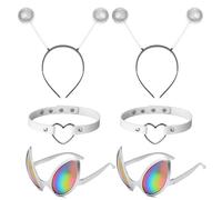 HONMOK 6PCS Occhiali Alieno Costume Fasce Per Capelli Collari Pelle Laser Bianco Bicchieri D'Argento Alieni Per Donna Uomo Bambino Alieno Accessorio Per Cosplay Feste Costumi Carnevale Halloween