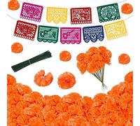 HONMOK Decorazioni del giorno dei morti 60 fiori artificiali di calendula con steli e striscione del giorno dei morti, mazzi di calendula arancione, progetti fai da te per decorazioni messicane Diwali