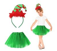 HONMOK Set Completo Natalizio per Bambini e Ragazze - Costume Elfo con Vestito Tutù e Cerchietto per Festa, Compleanno, Carnevale (Verde, 3-10 Anni)