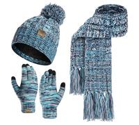 Honnesserry Set Sciarpa Cappello Guanti - Berretto da Donna Scaldacollo Sciarpa Lunga e Guanti Termici Touch Screen 3 Pezzi Inverno Lavorato a Maglia Pom Cap Unisex Maglia Melange Lago Blu