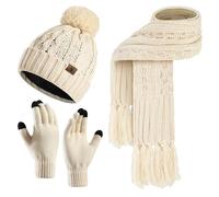 Honnesserry Set Sciarpa Cappello Guanti - Berretto da Donna Scaldacollo Sciarpa Lunga e Guanti Termici Touch Screen 3 Pezzi Inverno Lavorato a Maglia Pom Cap Unisex Maglia Melange Beige