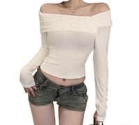 Honseadek Montato piegato collo camicetta donna manica lunga Crop per top | Colore Camicia Casual Elastico Lunghezza Regolare Moda Top per le Donne Primavera Estate Autunno Inverno Vacanze