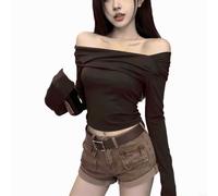 Honseadek Montato piegato collo camicetta donna manica lunga Crop per top | Colore Camicia Casual Elastico Lunghezza Regolare Moda Top per le Donne Primavera Estate Autunno Inverno Vacanze