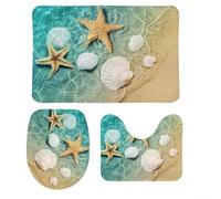 Honseadek Set di 3 tappeti da bagno con motivo stelle marine, conchiglie, tappetino da bagno contorno, copriwater e tappetini antiscivolo in memory foam, per casa, hotel o