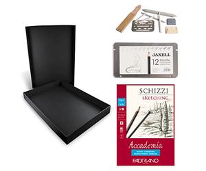 Honsell 14-99889-Set, Set da Artista in Scatola Nera con matite, 9 Accessori quaderno da Disegno DIN A4, Black, not defined