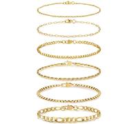 Honsny Set di 6 braccialetti in acciaio inox per donne e uomini, placcati in oro 14 carati, con catenine cubane e catenine delicate, 16 cm, 17 cm, 19 cm, 24 cm, gioielli alla moda, 7 Inches, Acciaio