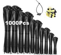 Honyear 1000 fascette stringicavo nero 100/150/200/250/300 mm e 20 basi adesive, set di fascette per cavi, resistenti ai raggi UV, resistenti al calore, in plastica