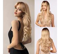 Honygebia Parrucca Bionda con Frangia - Parrucche Riccia Bionda Donna, Capelli Ondulati Chiari Ombre, Radici Scure Sintetiche dall'Aspetto Naturale, Le Migliori per Halloween/Carnevale/Cosplay/Party