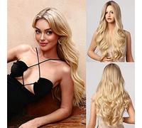 Honygebia - Parrucca bionda ombré con frangia, da donna, ondulata, capelli sintetici realistici, resistenti al calore, adatta per carnevale, cosplay e feste a tema