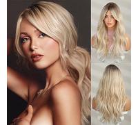 Honygebia - Parrucca bionda ombré con frangia, da donna, riccia, capelli sintetici realistici, resistenti al calore, adatta per carnevale, cosplay e feste a tema