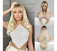 Honygebia - Parrucca biondo platino ombré con frangia, da donna, ondulata, capelli sintetici realistici, resistenti al calore, adatta per carnevale, cosplay e feste a tema