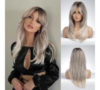 Honygebia Parrucca Castano Dorato con Frangia - Parrucche Castana Lunga per Donna, Capelli Ondulati Chiari Ombre, Sintetiche dall'Aspetto Naturale, Le Migliori per Halloween/Carnevale/Cosplay/Party