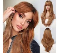 Honygebia - Parrucca color rame con frangia, da donna, colore oro bruno, ondulata, capelli sintetici realistici, resistenti al calore, adatta per carnevale, cosplay e feste a tema