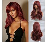 Honygebia - Parrucca color rosso vino con frangia, da donna, ondulata, capelli sintetici realistici, resistenti al calore, adatta per carnevale, cosplay e feste a tema
