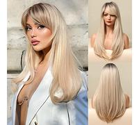 Honygebia - Parrucca con frangia, da donna, color ombré con attaccatura dei capelli scura, sintetica, resistente al calore, liscia con onde, adatta per la vita di tutti i giorni, per feste e cosplay
