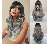 Honygebia - Parrucca grigia con frangia, da donna, colore oro bruno, ondulata, capelli sintetici realistici, resistenti al calore, adatta per carnevale, cosplay e feste a tema