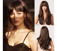 Honygebia Parrucche Marrone con Frangia - Parrucca Castano Scuro Lunga per Donna, Capelli Ondulati Chiari Ombre, Sintetiche dall'Aspetto Naturale, Le Migliori per Halloween/Carnevale/Cosplay/Party