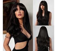 Honygebia - Parrucca nera con frangia, da donna, lunga, riccia, capelli sintetici realistici, resistenti al calore, adatta per carnevale, cosplay e feste a tema