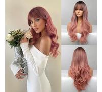 Honygebia Parrucche Rosa con Frangia - Parrucca Rosa Lunga per Donna, Capelli Ondulati Chiari Ombre, Radici Scure Sintetiche dall'Aspetto Naturale - Le Migliori per Halloween/Carnevale/Cosplay/Party