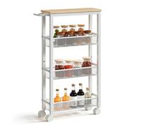 HOOBRO Carrello di Servizio a 4 Ripiani con Ruote e Piedini Regolabili, Carrello da Cucina a 4 Ripiani con Sponde, Portaoggetti per Cucina, Soggiorno, Sala da Pranzo, Bianco e Legno Naturale EWN71TC01