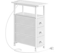 HOOBRO Comodini con Stazione di Ricarica, Set di 2, 1 Presa Standard e 2 Porte USB, Tavolini Stretti con 3 Cassetti in Tessuto, Tavolini da Divano, Comodini per Piccoli Spazi, Bianco EWW482CBZ01
