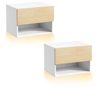 HOOBRO Comodini Sospesi con Striscia LED RGB, Set di 2, Tavolini da Parete con 1 Cassetto e 1 Scomparto, Tavolini da Divano e Comodini per Camera da Letto e Soggiorno, Bianco e Naturale EWN202DBZP201