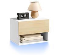 HOOBRO Comodino Sospeso con Striscia LED RGB, Tavolino da Parete con 1 Cassetto e 1 Scomparto, Tavolino da Divano e Comodino per Camera da Letto e Soggiorno, Bianco e Naturale EWN202DBZ01