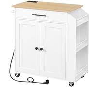 HOOBRO Isola Cucina con Prese Elettriche, Carrello da Cucina con Cassetti e Porta Spezie, 80,8 x 38 x 86 cm, Bianco e Legno Naturale EWN82CZD01