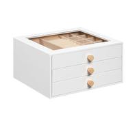 HOOBRO Portagioie Moderno con 3 Cassetti, Portagioie 23 x 20 x 12 cm con Finestra Trasparente e Interno in Velluto per Anelli Orecchini Collane Orologi, Bianco EWT24JB04