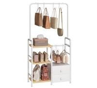 HOOBRO Scaffale da Appendere a 3 Ripiani per Borse con Ganci e Cassetti, Organizer per Armadio e Confezione per Borse, Espositore per Borse da Ingresso, Camera da Letto, Naturale e Bianco EWN98CJ01