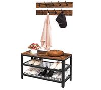 HOOBRO Scarpiera con Appendiabiti, Panca Scarpiera, Mobile da Ingresso con 3 Ripiani e 9 Ganci, 73 x 30 x 44,5 cm, per Corridoio Soggiorno Camera da Letto, Marrone Vintage, Nero EBF17MT01
