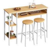 HOOBRO Set Tavolo Alto e Sgabelli da Bar con Scaffale a 3 Ripiani, Tavolo da Pranzo Alto con 2 Sgabelli Rotondi per Cucina, Soggiorno e Sala da Pranzo, Bianco e Legno Naturale EWN07BT01