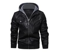 HOOD CREW Bomber da uomo casual in pelle sintetica PU con cerniera e cappuccio rimovibile, nero, Small